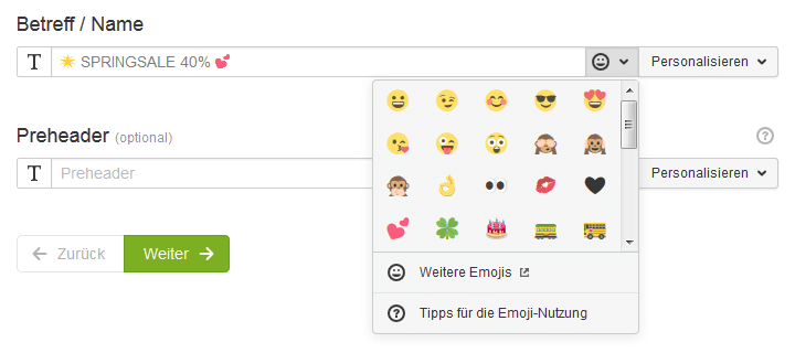 Emojis in den Newsletter-Betreff einfügen.