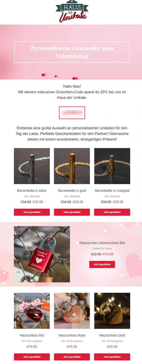 Valentinstags-Newsletter Praxisbeispiel - Haus der Unikate