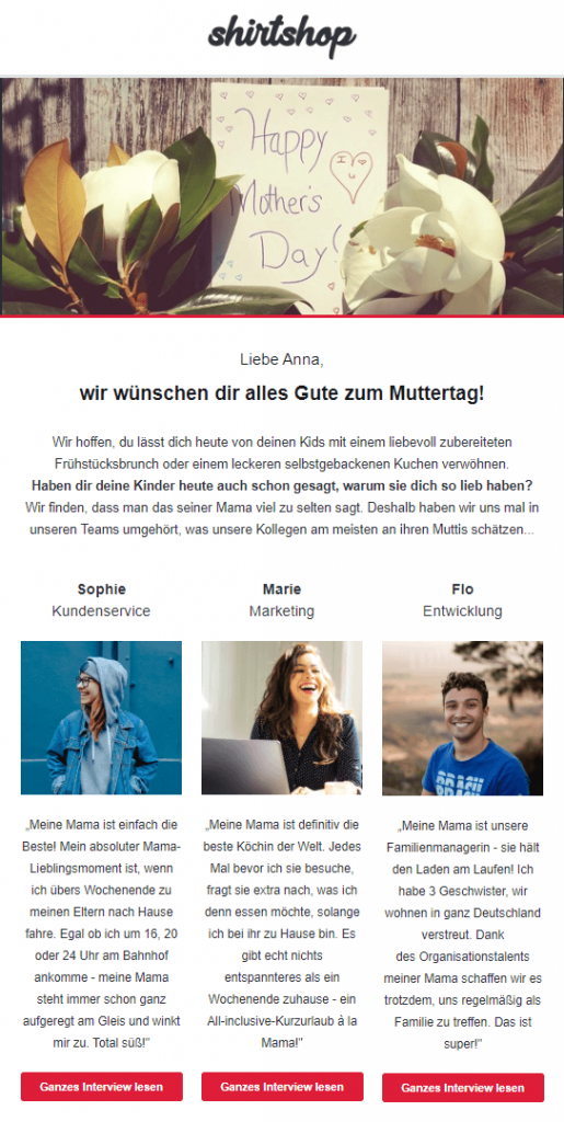 Muttertags Newsletter Mitarbeiter