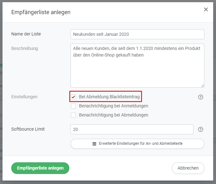 Blacklist-Einstellung beim Import neuer Empfänger