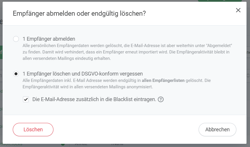 Empfänger DSGVO-konform löschen und in die Blacklist aufnehmen