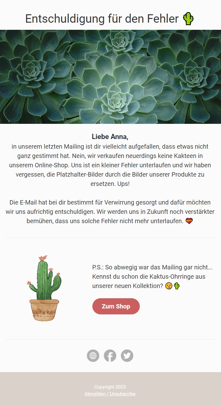 Newsletter-Beispiel mit einer Entschuldigung für Fehler