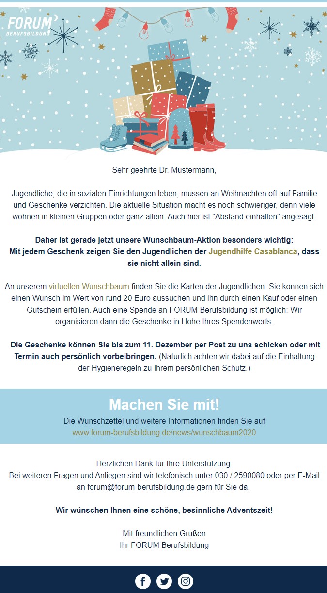 Weihnachtlicher Newsletter Spendenaktion