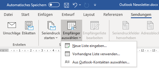 Empfänger für Outlook Newsletter auswählen