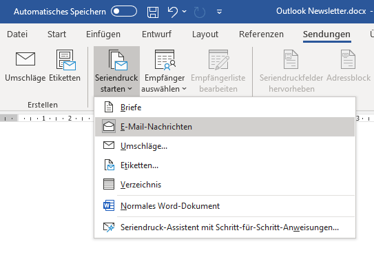 Outlook Serienmail in Word anlegen