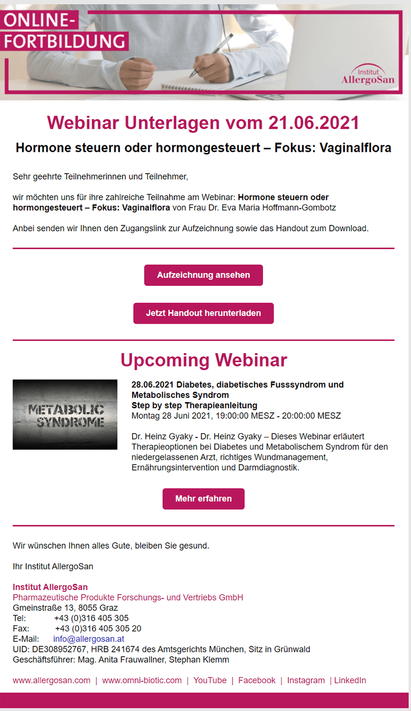 Upcoming Webinar E-Mail-Beispiel vom Institut Allergosan