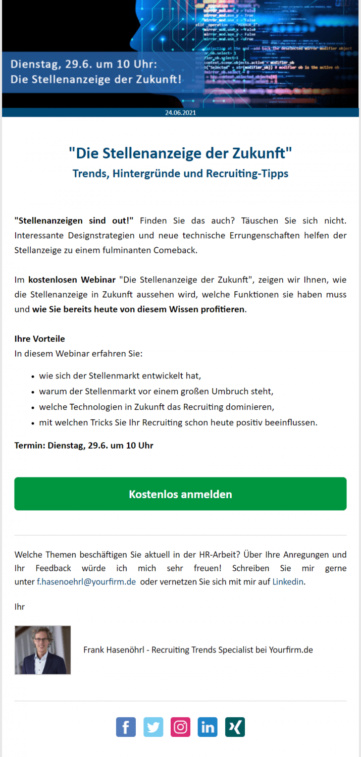 Webinar-Ankündigung per E-Mail versenden Beispiel