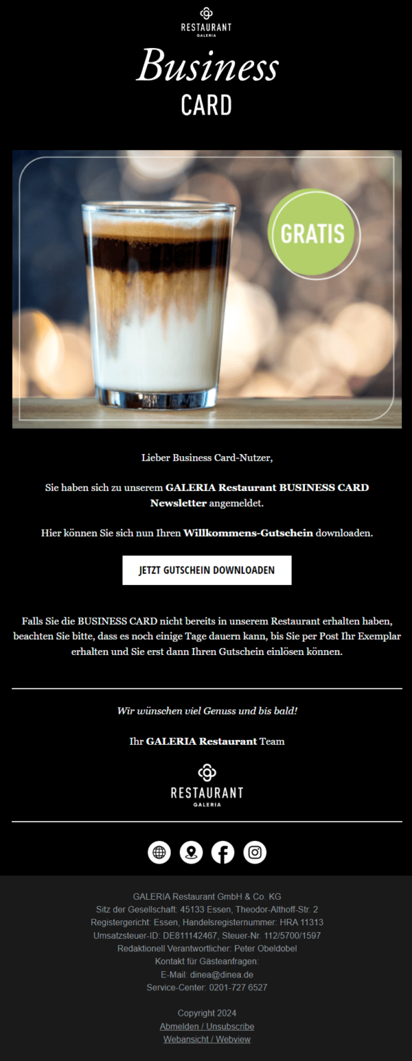 Beispiel für eine Willkommensmail für den Newsletter des Galeria Restaurants.