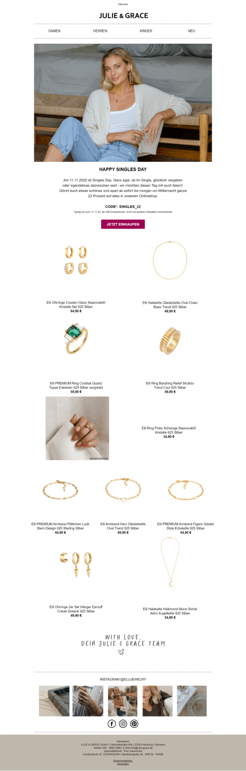 Singles' Day Newsletter Beispiel - Schmuckladen Julie & Grace