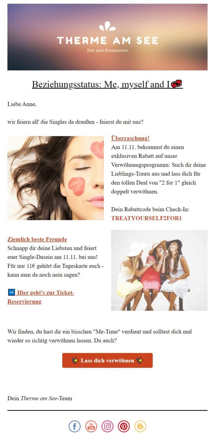 Singles' Day Newsletter Beispiel Therme am See 2 für 1