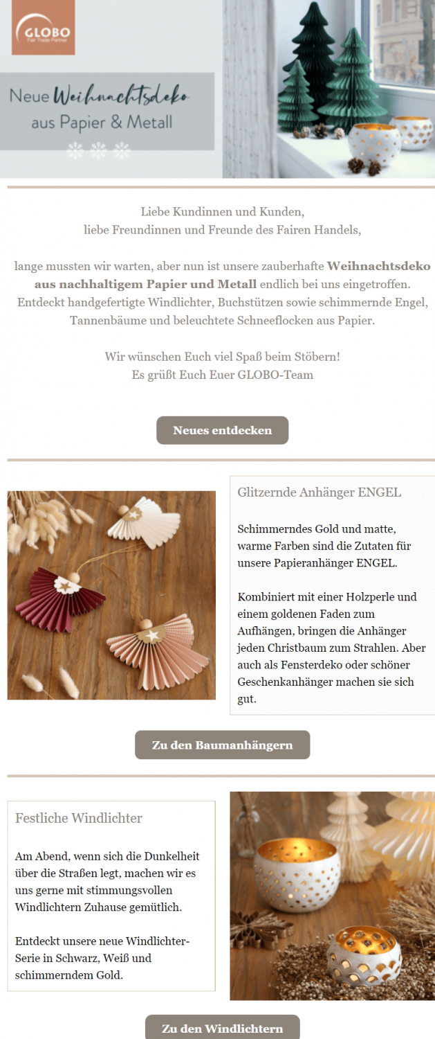 Weihnachtliche Newsletter Beispiel Globo Fair Trade