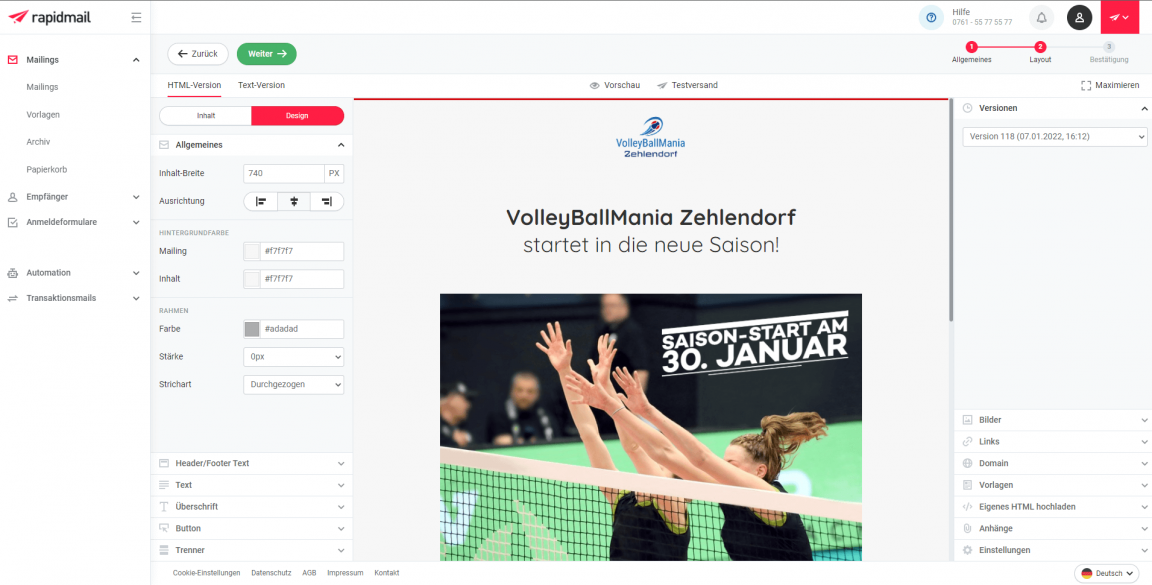 Beispiel Vereinsnewsletter - Beareitung im Newsletter-Editor