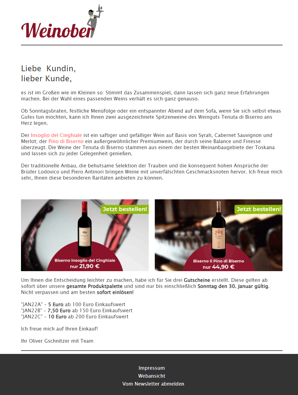 Gutscheincodes per Newsletter versenden - Beispiel Weinober UG
