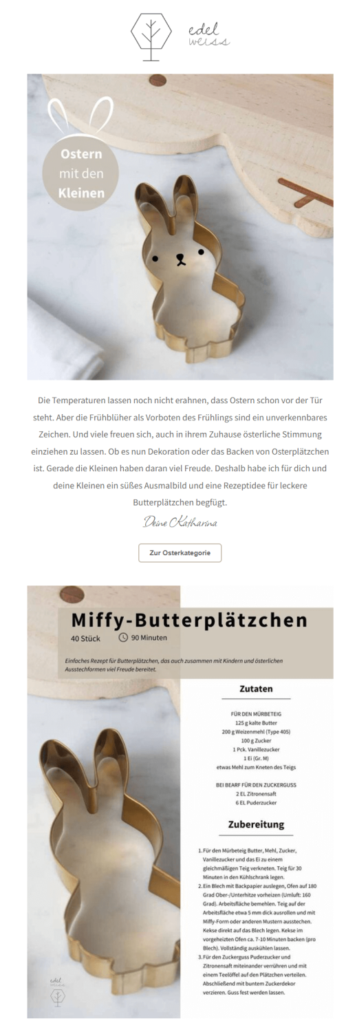 Beispiel eines Oster-Newsletters mit einem Plätzchenrezept