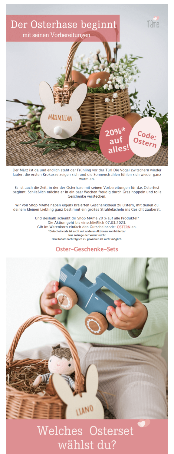 Beispiel eines Oster-Newsletters mit Kinderspielzeug