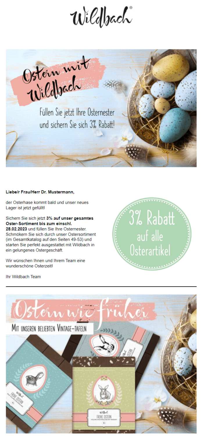 Beispiel eines Oster-Newsletters eines Schokoladenherstellers