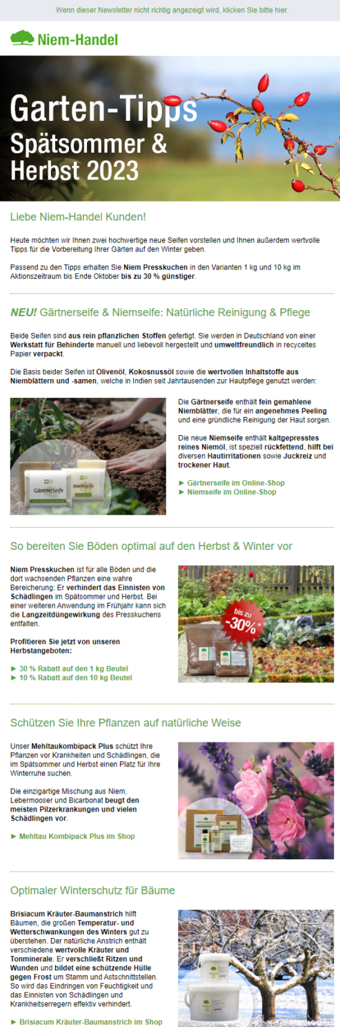 Newsletter-Beispiel für den Garten im Herbst von Niem-Handel