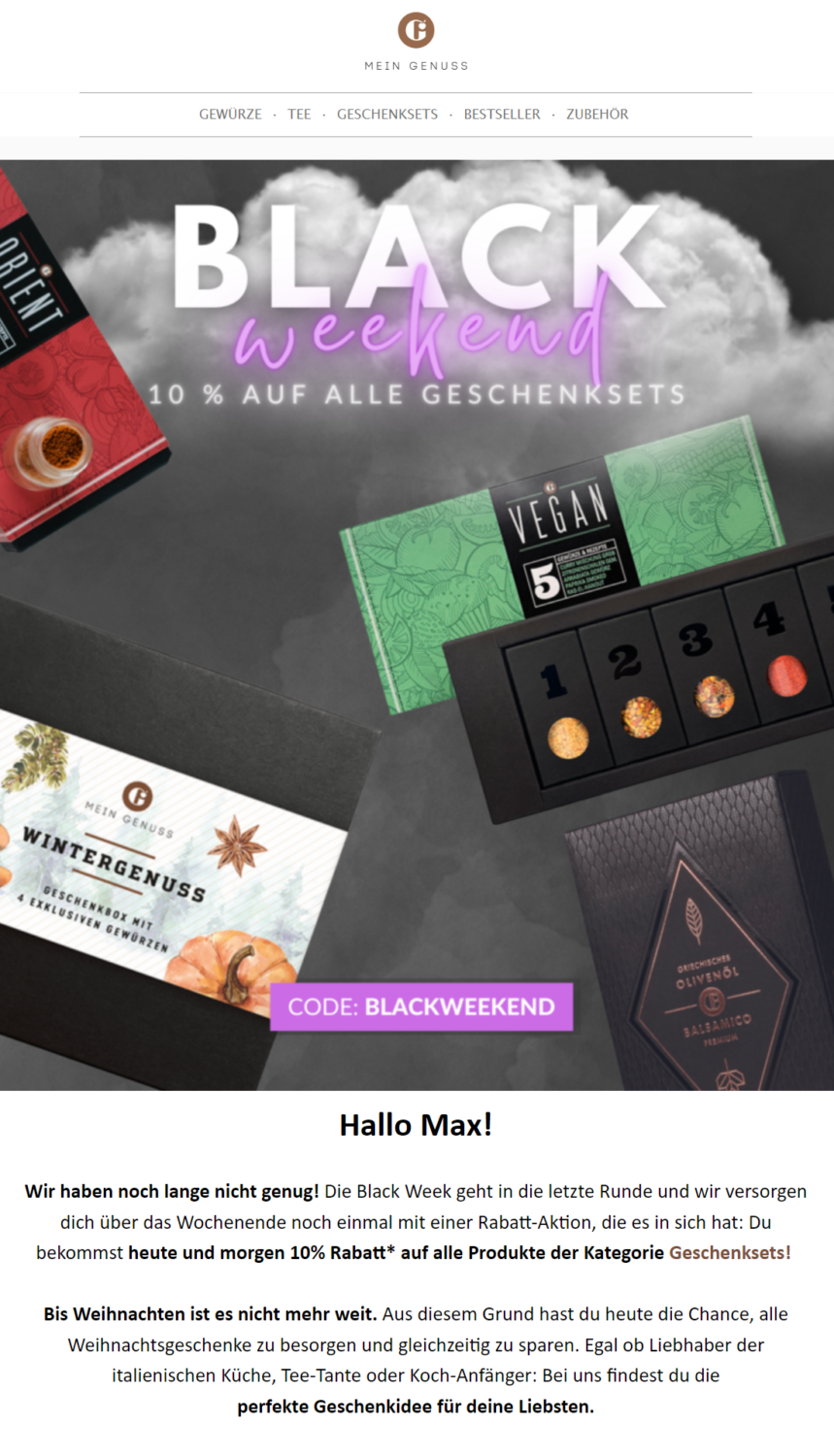 Black Friday Newsletter Beispiel mit Geschenkideen