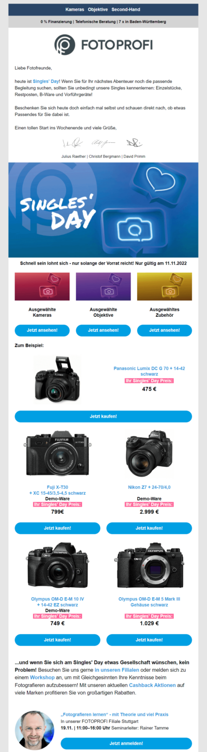 Ein gelungenes Newsletter-Beispiel zum Singles' Day von einem Fotografie-Onlineshop