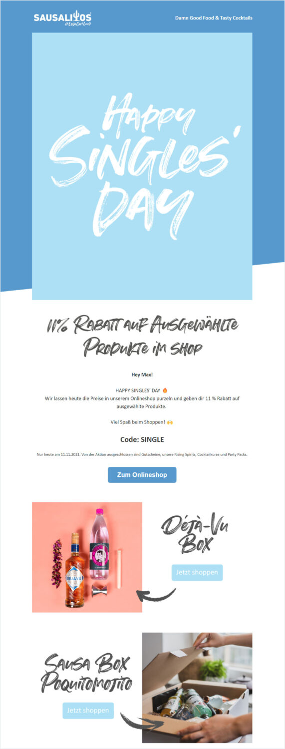 Ein gutes Newsletter-Beispiel zum Singles' Day von einer Bar