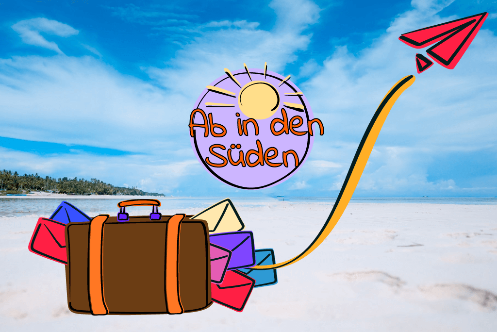 Koffer mit Briefen am Strand
