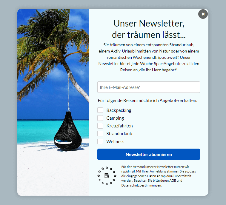 Ein Pop-Up-Fenster zur Newsletter-Anmeldung eines Reiseveranstalters