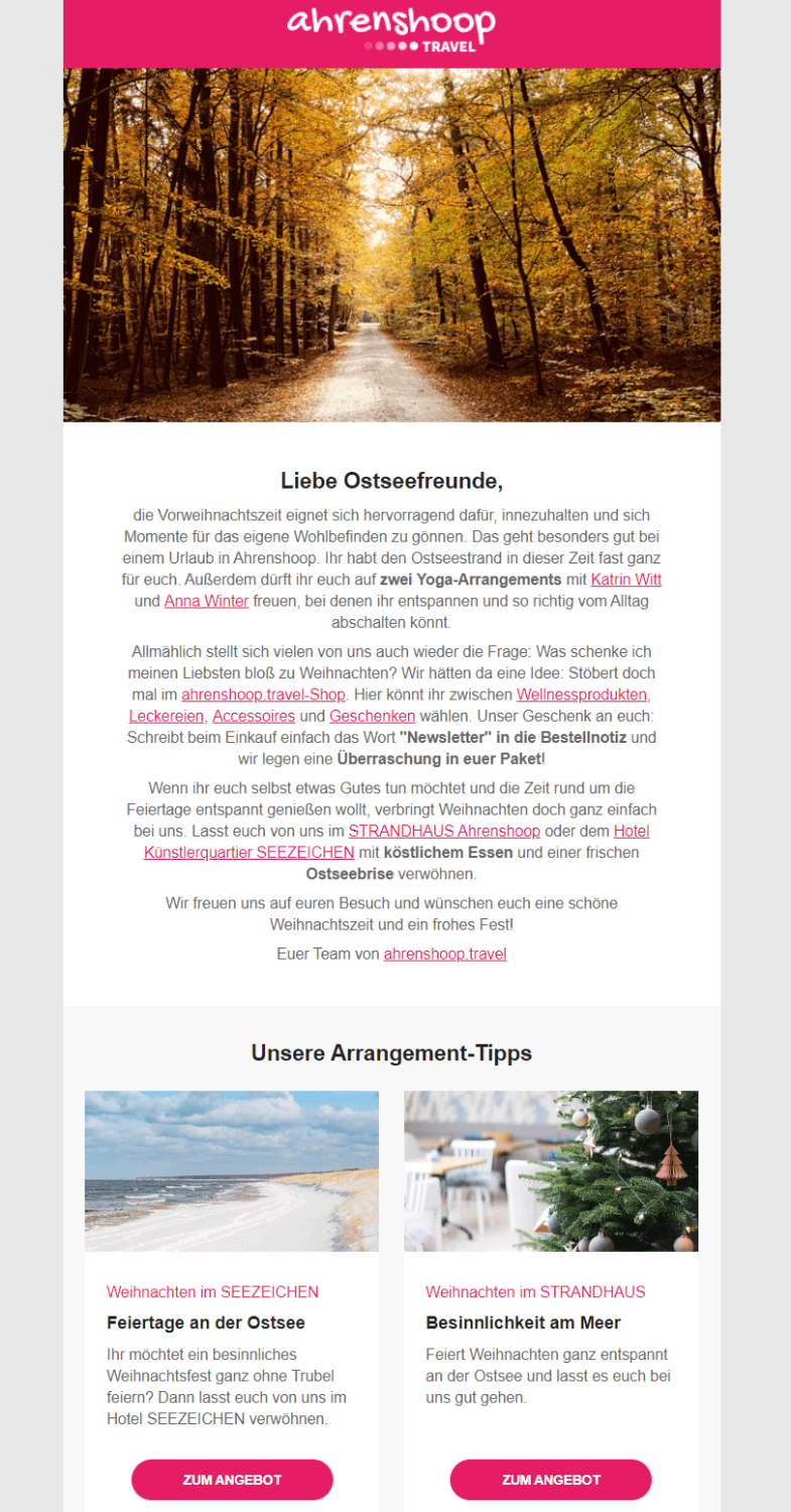 Newsletter-Beispiel Einladung zu den Feiertagen an der Ostsee