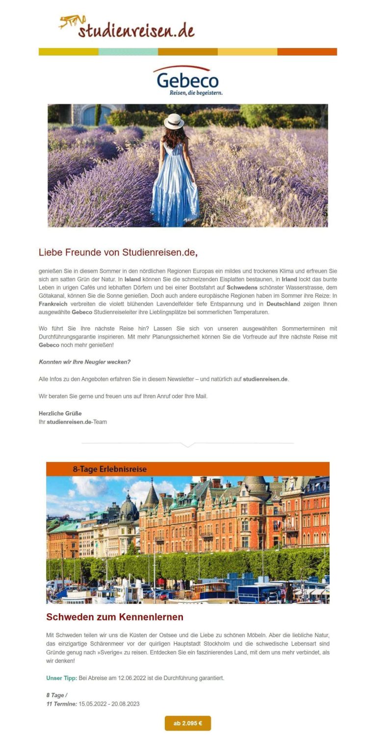 Newsletter-Beispiel mit Reisetipp nach Schweden