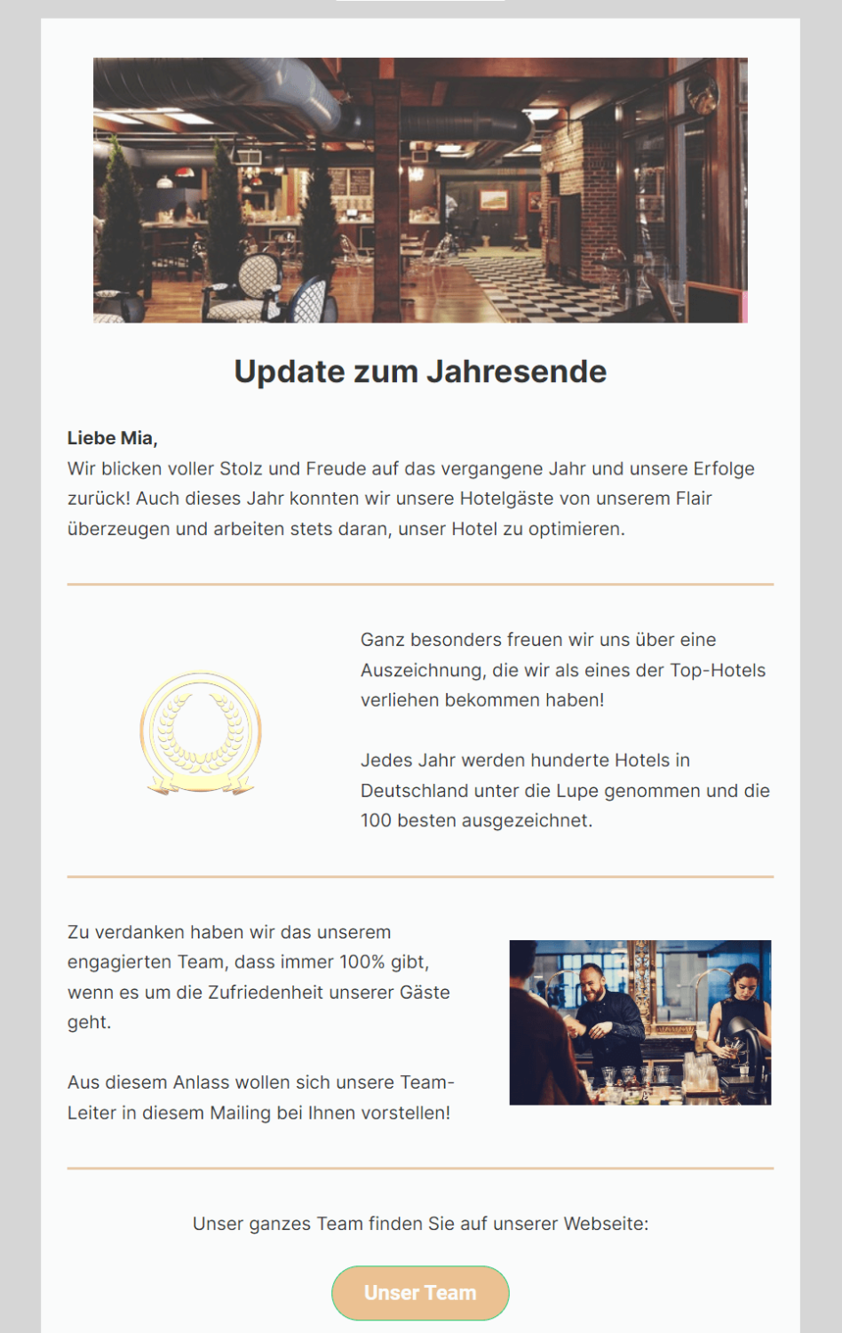 Newsletter-Beispiel mit Informationen einer Auszeichnung und des Teams