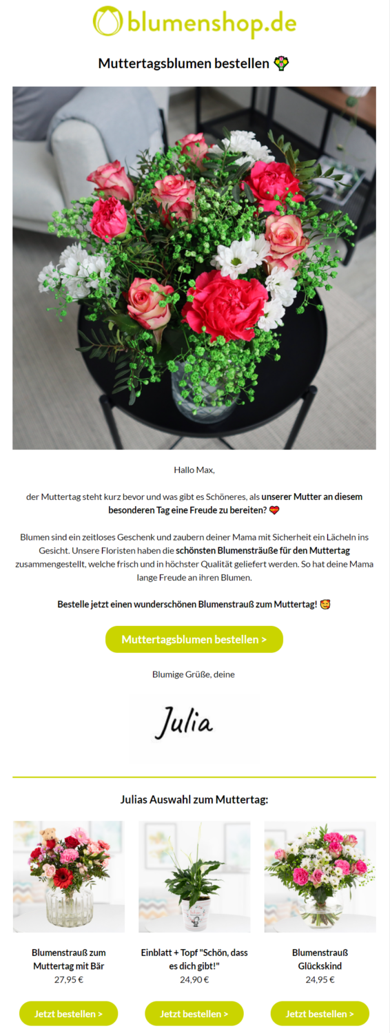 Beispiel-Werbung zum Muttertag von einem Blumen-Onlineshop