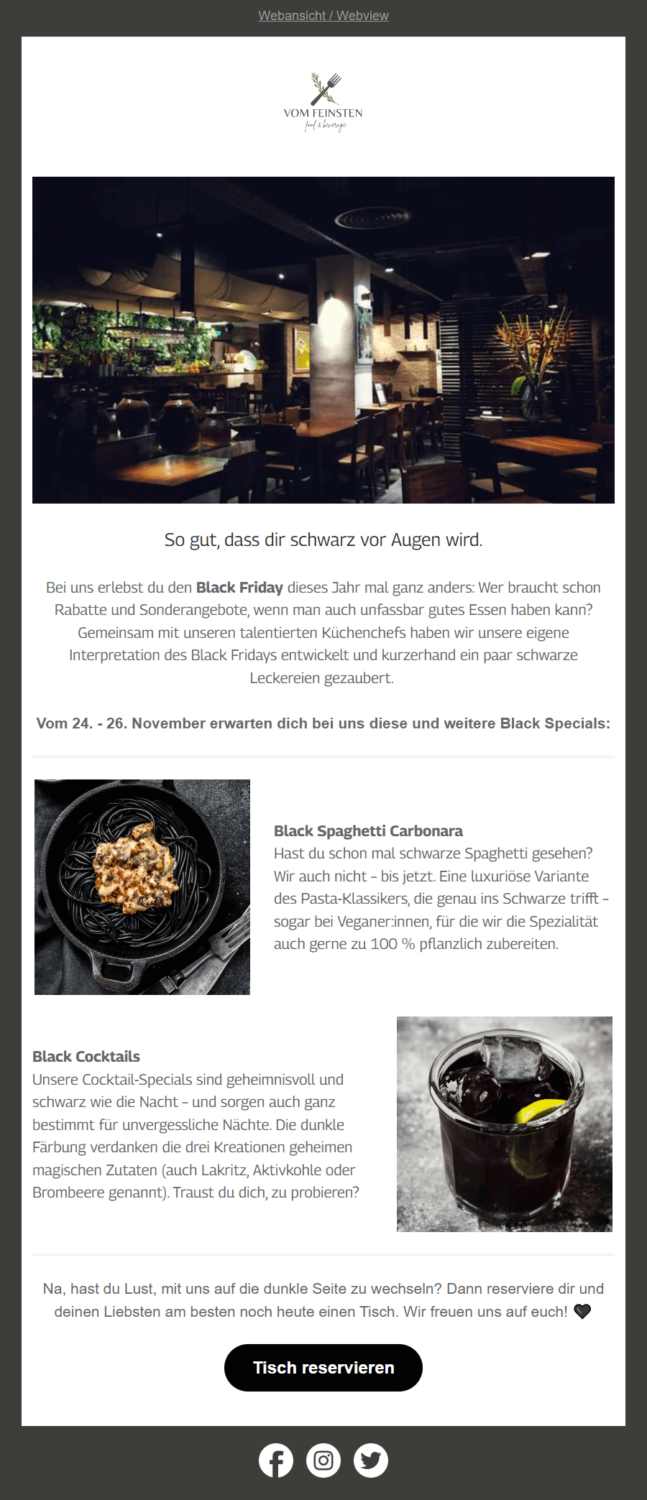 Ein gelungener Beispiel-Newsletter eines Restaurants, in dem eine Black Friday Marketing-Aktion beworben wird.