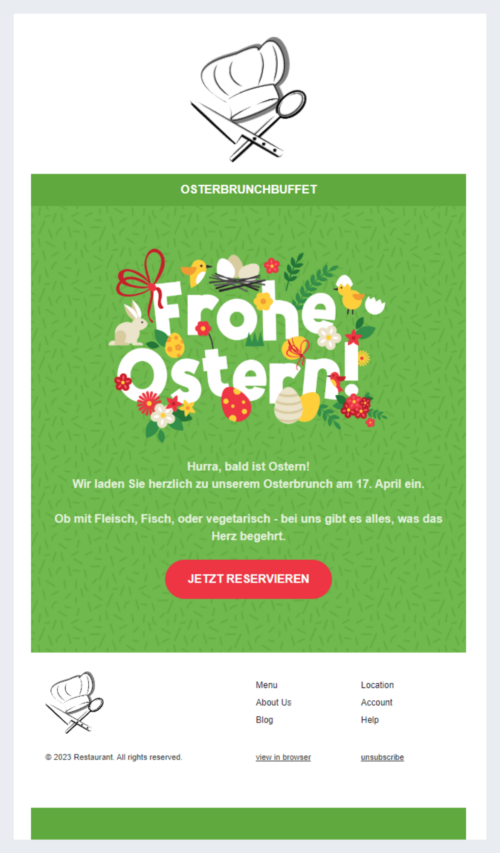 Ein Oster-Newsletter lädt zum Brunchbuffet ein