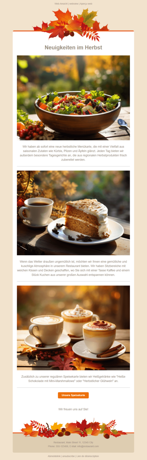 Ein Newsletter in herbstlichem Design informiert über kommende Neuheiten