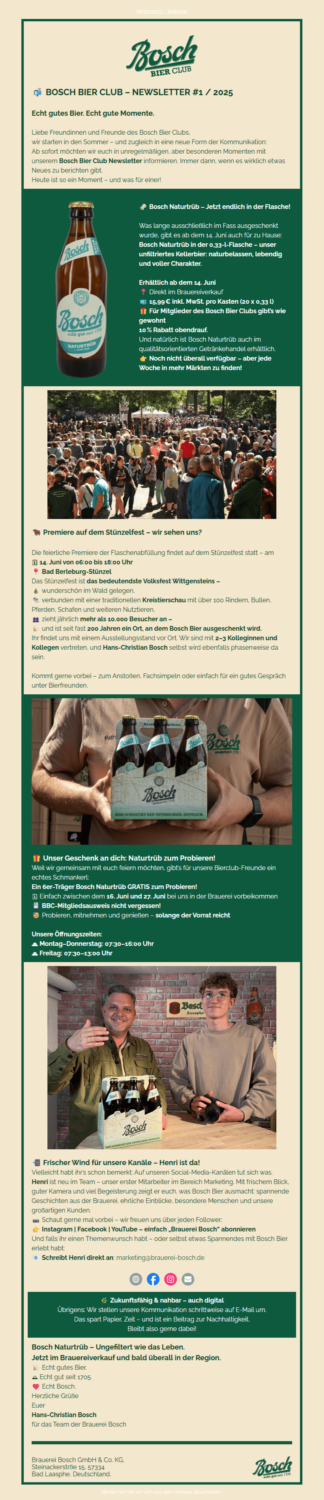 Beispiel-Sommer-Newsletter passend zum Tag des Bieres vom Bosch Bierclub