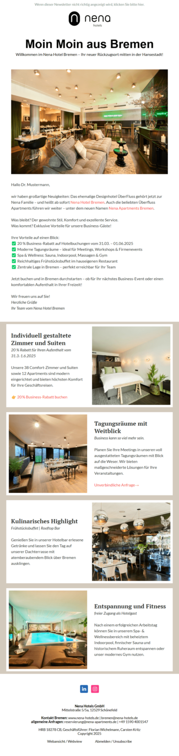 Schönes Beispiel für einen ansprechenden Newsletter von Nena Hotels