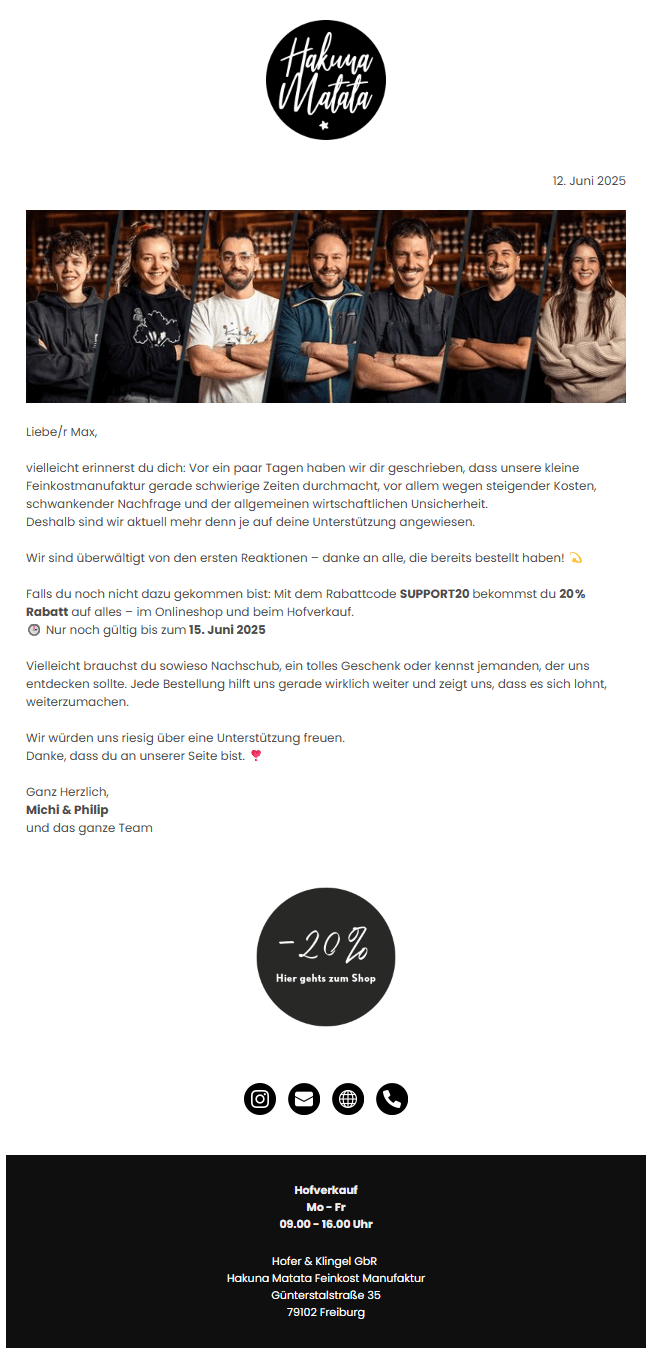 Follow-up-E-Mail Hakuna Matata Feinkost Manufaktur
