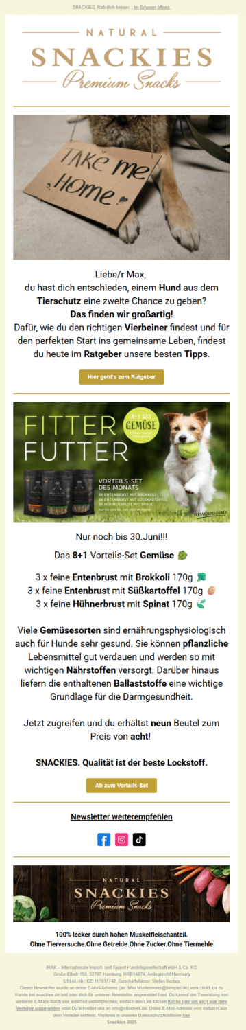 Onlineshop für Premium-Hunde-Snacks SNACKIES Follow-up-E-Mail-Beispiel