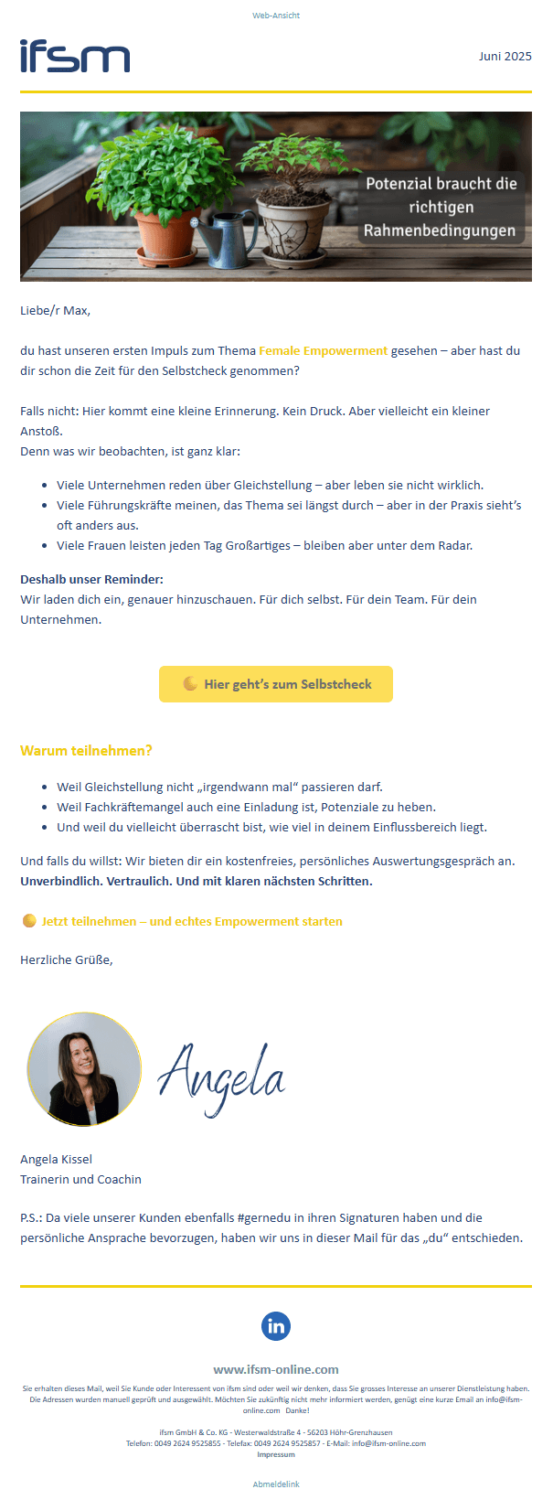 Institut für Sales & Managementberatung ifsm Business-Follow-up-E-Mail