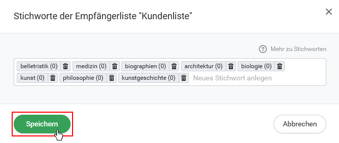 Stichworte bei Empfängerverwaltung und Versand