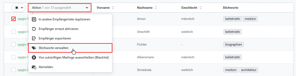 Stichworte bei Empfängerverwaltung und Versand