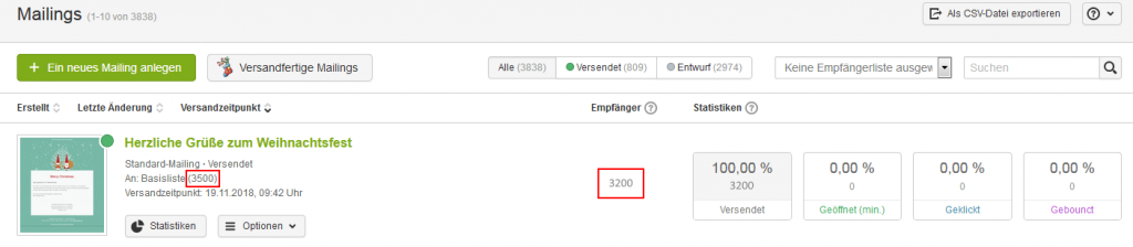 Differenz Anzahl Empfänger in der Mailing-Übersicht