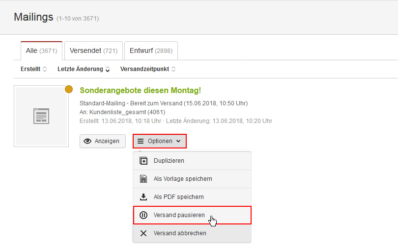 Geplanten Newletter-Versand pausieren und korrigieren