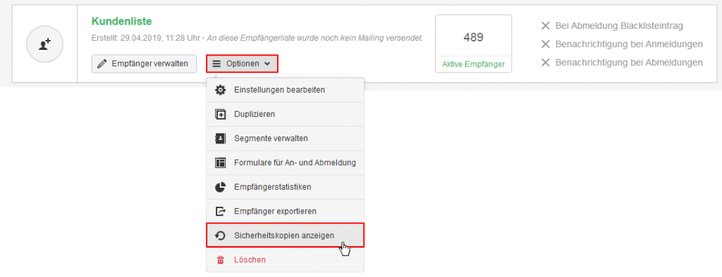 Sicherheitskopie einer Empfängerliste wiederherstellen