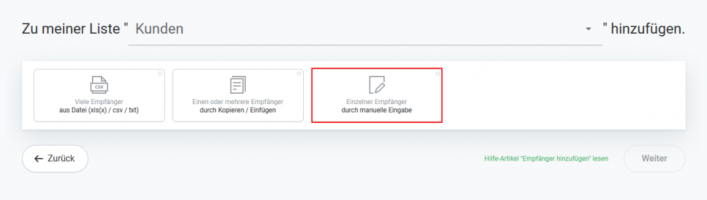 Newsletter-Kontakte hinzufügen - manuelle Eingabe