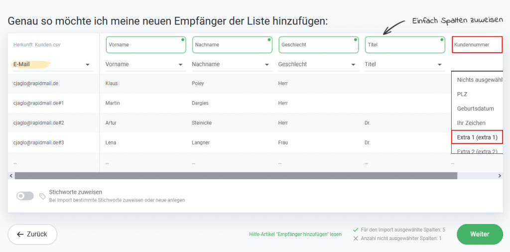 Empfänger hinzufügen - Spalten anordnen