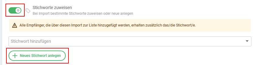 Empfänger hinzufügen - Stichwort anlegen