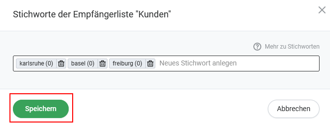 Newsletter Empfänger hinzufügen - Tags hinzufügen