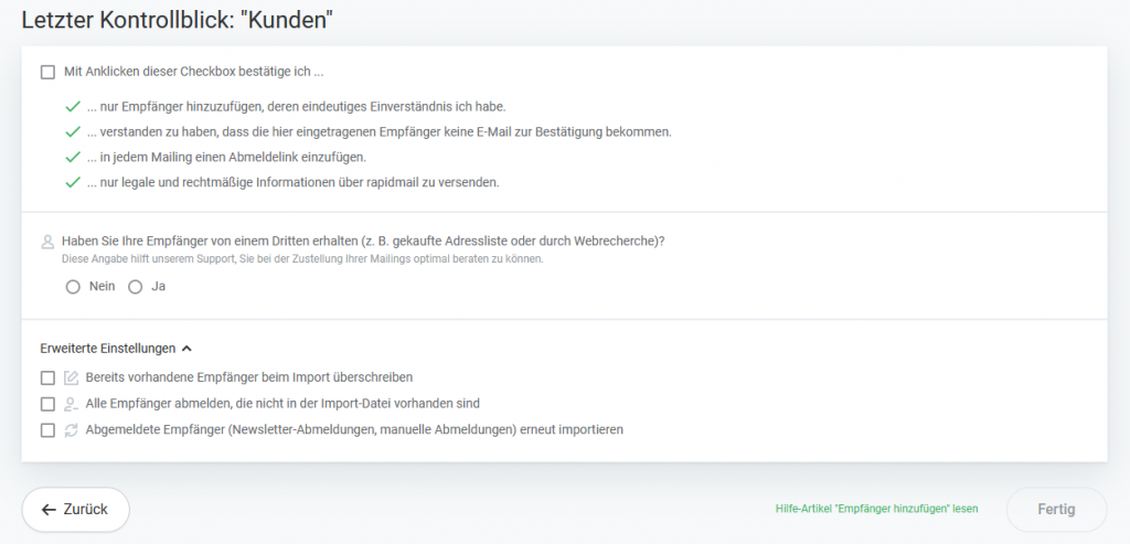 Newsletter-Kontakte hinzufügen - Kontrollblick