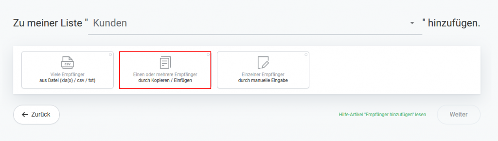 Empfänger hinzufügen - Kopieren und einfügen
