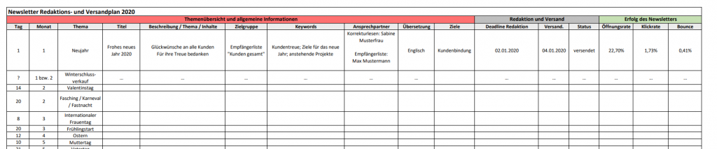 Newsletter Redaktions- und Versandplan 2020